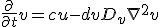 \frac{\partial}{\partial t}v = cu - d v + D_{v} \nabla^{2} v